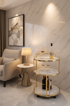 Luxury Gold Finish Round Bar Trolley with Marble Shelves & Wheels